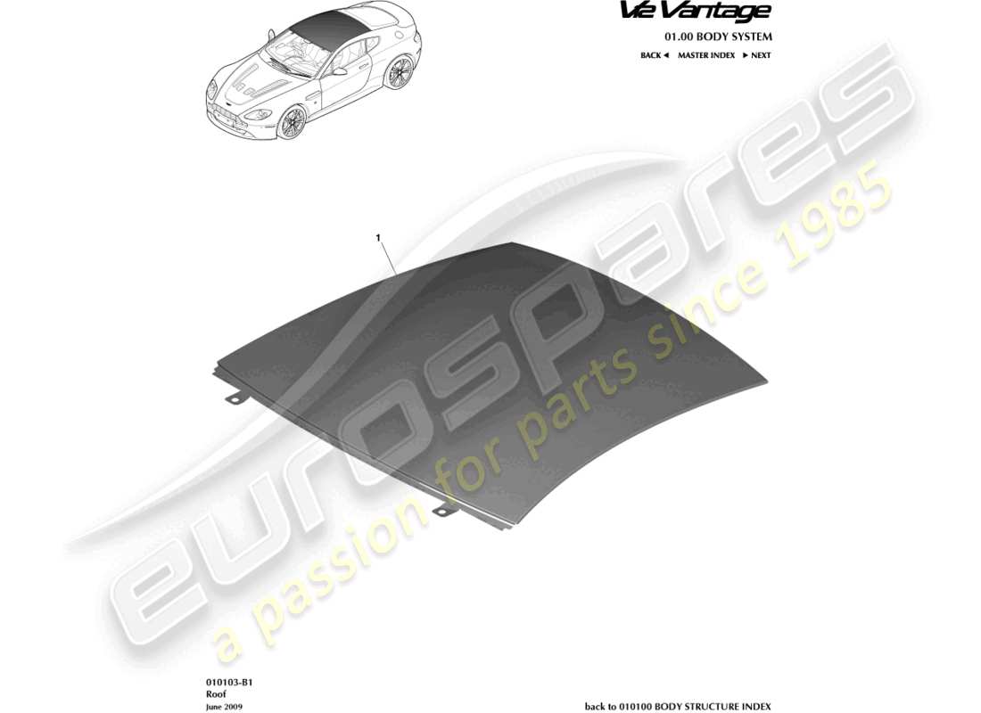 aston martin v12 vantage (2011) techo, diagrama de piezas del cupé