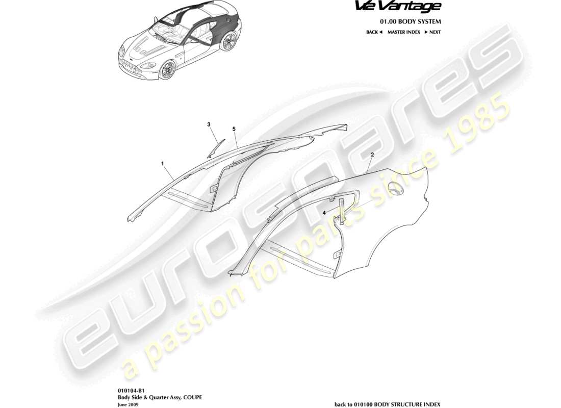 aston martin v12 vantage (2010) panel lateral de la carrocería, diagrama de piezas del cupé