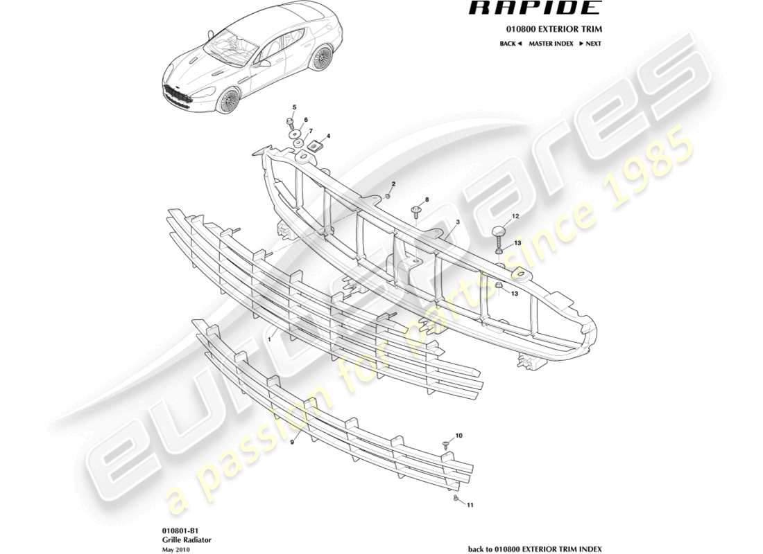 aston martin rapide (2016) rejilla del radiador diagrama de piezas