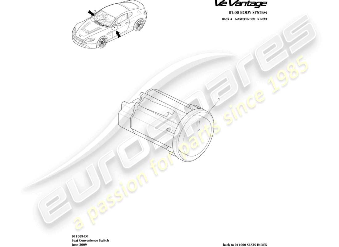 aston martin v12 vantage (2011) diagrama de piezas del interruptor de comodidad del asiento