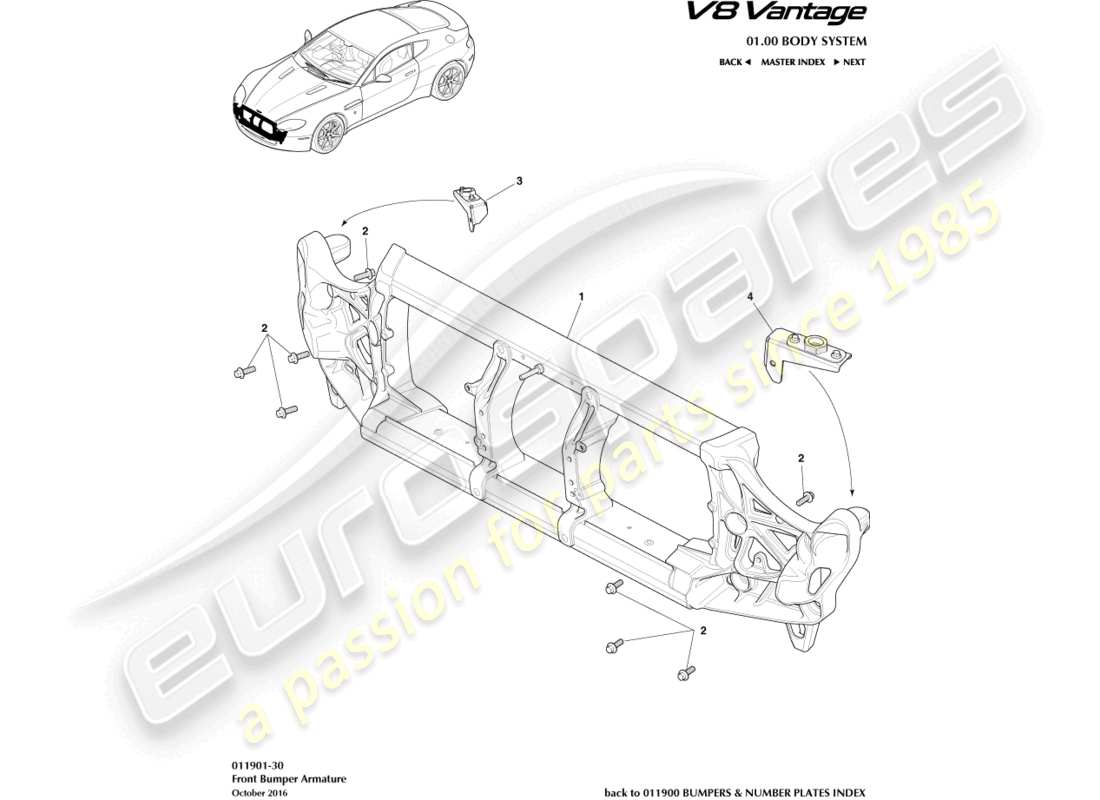 aston martin v8 vantage (2018) diagrama de piezas de la armadura del parachoques delantero