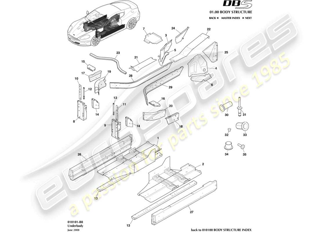 aston martin dbs (2007) diagrama de piezas de debajo de la carrocería