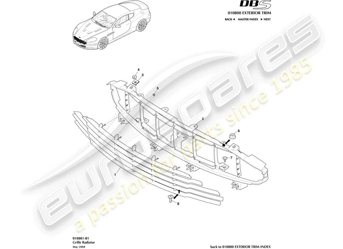 aston martin dbs (2007) rejilla del radiador diagrama de piezas