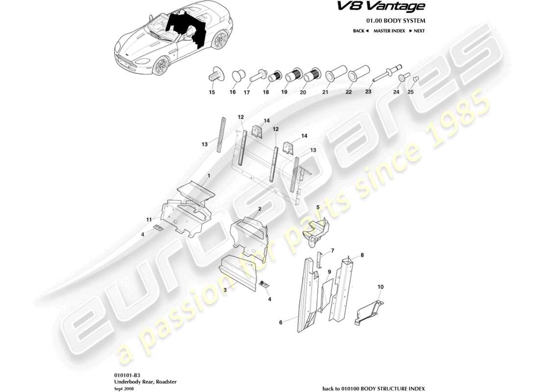 aston martin v8 vantage (2018) diagrama de piezas del roadster, parte trasera de la parte inferior de la carrocería