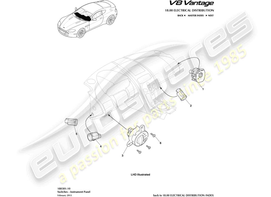 aston martin v8 vantage (2018) conmutadores ip, 16my diagrama de piezas