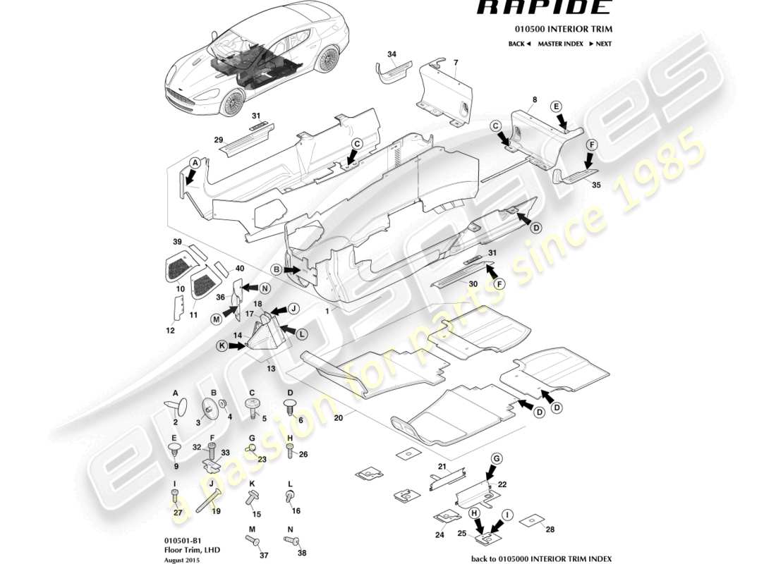 aston martin rapide (2014) diagrama de piezas de moldura del piso principal, lhd