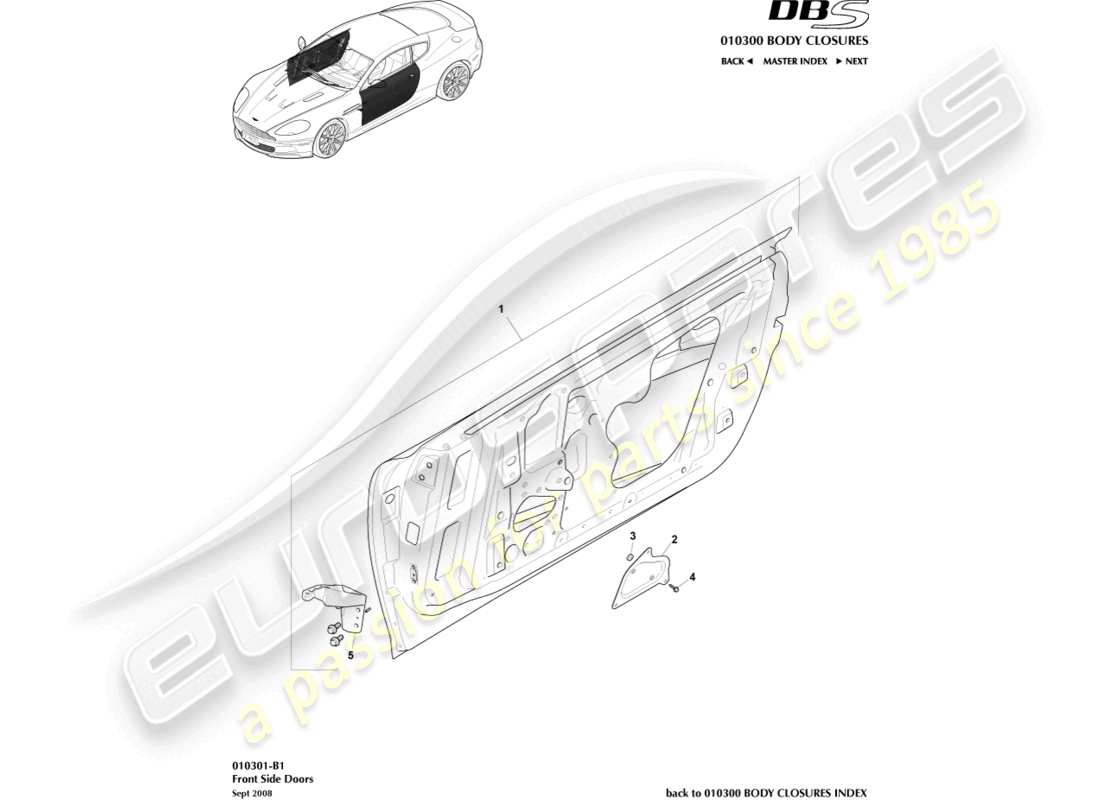 aston martin dbs (2007) puertas laterales delanteras diagrama de piezas
