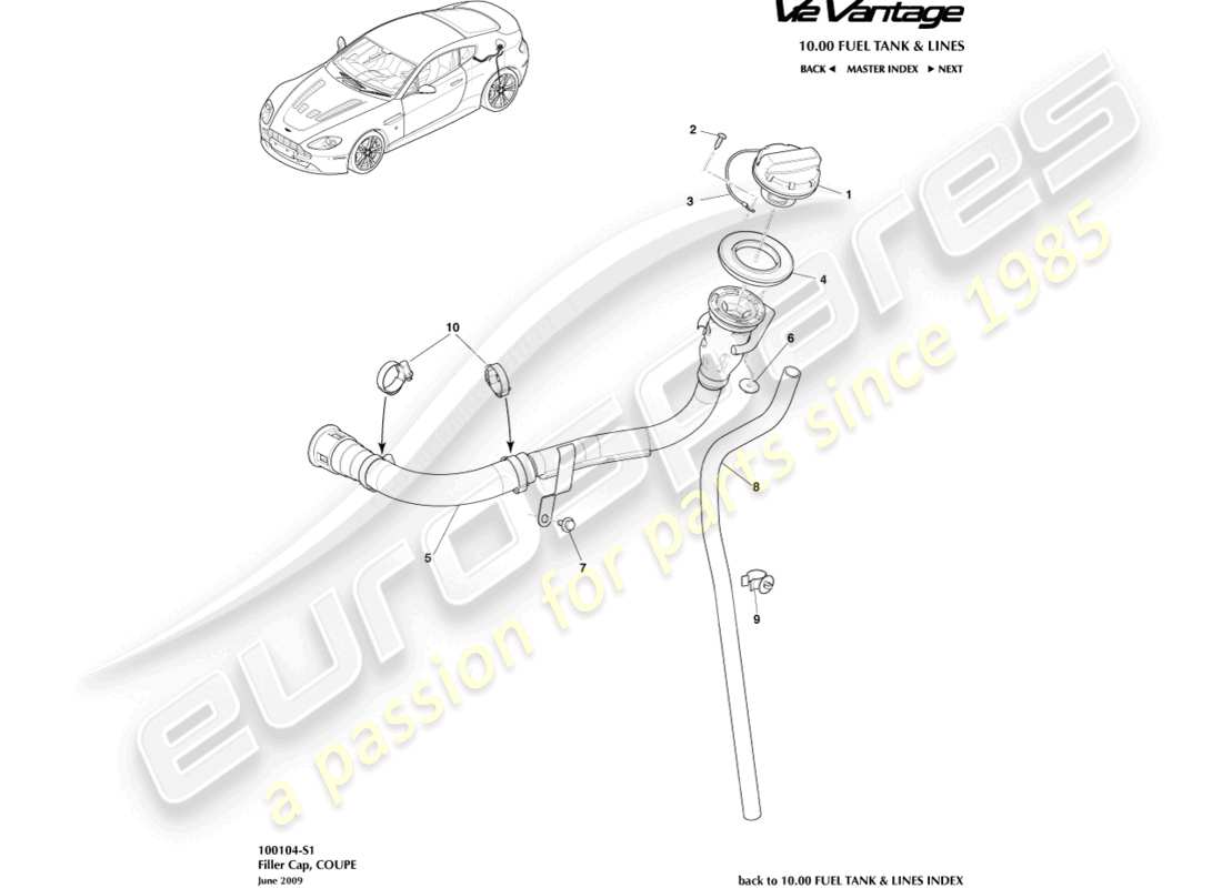 aston martin v12 vantage (2013) llenado de combustible, diagrama de piezas del cupé