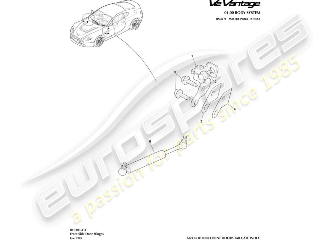 aston martin v12 vantage (2013) diagrama de piezas de bisagras de puerta