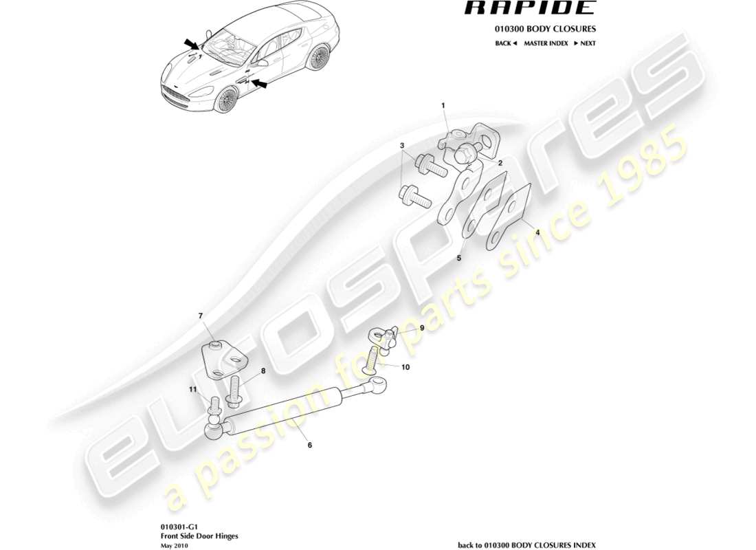 aston martin rapide (2012) conjunto de bisagra de puerta delantera diagrama de piezas