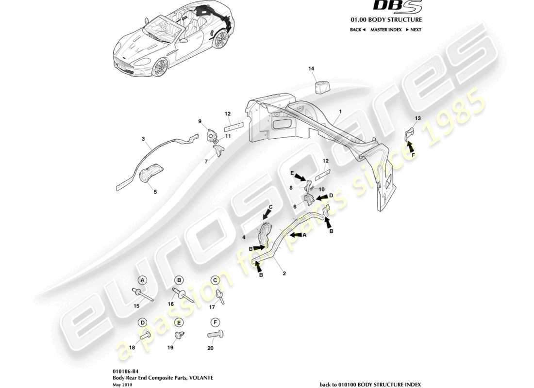 aston martin dbs (2012) carrocería trasera compuesta, volante diagrama de piezas