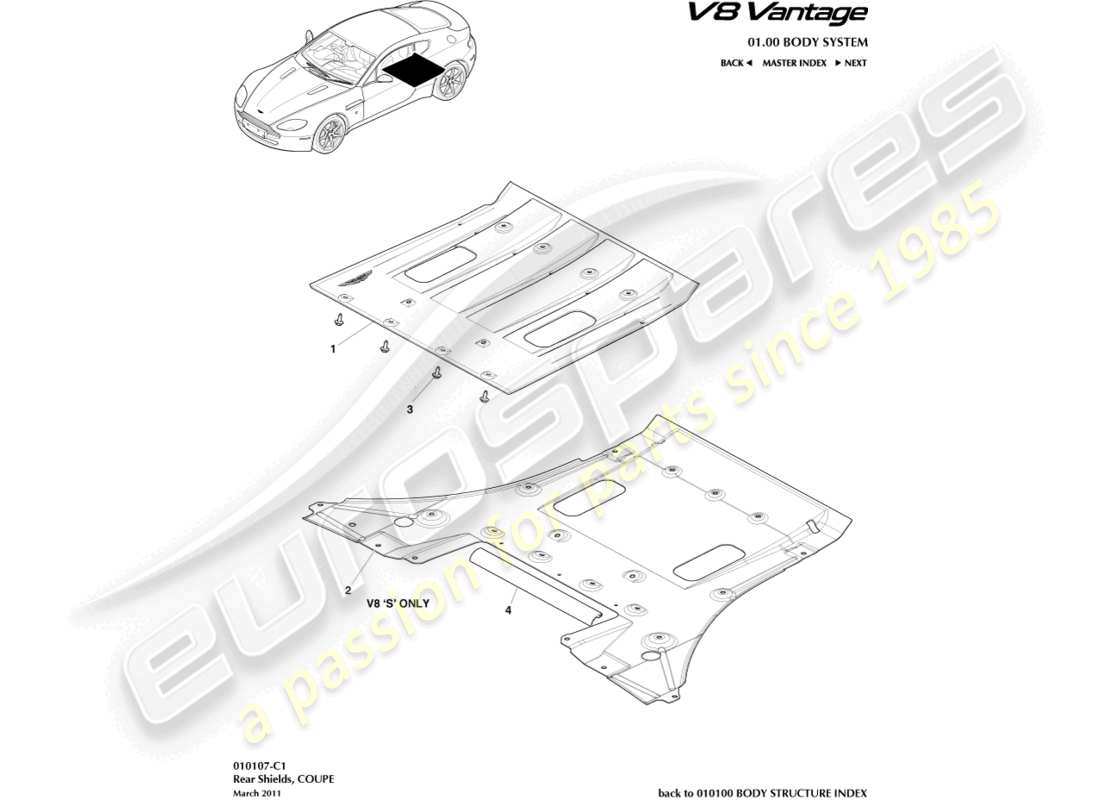 aston martin v8 vantage (2013) diagrama de piezas de los protectores traseros debajo del cuerpo