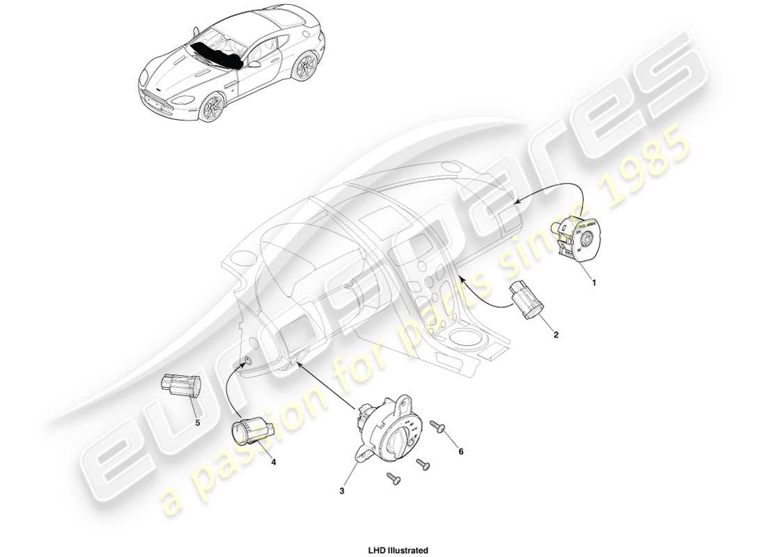 aston martin v8 vantage (2005) conmutadores ip, 16my diagrama de piezas