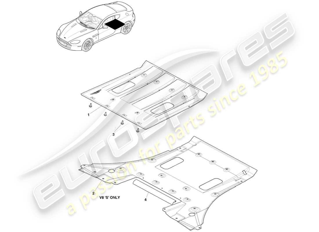 aston martin v8 vantage (2005) diagrama de piezas de los protectores traseros debajo del cuerpo