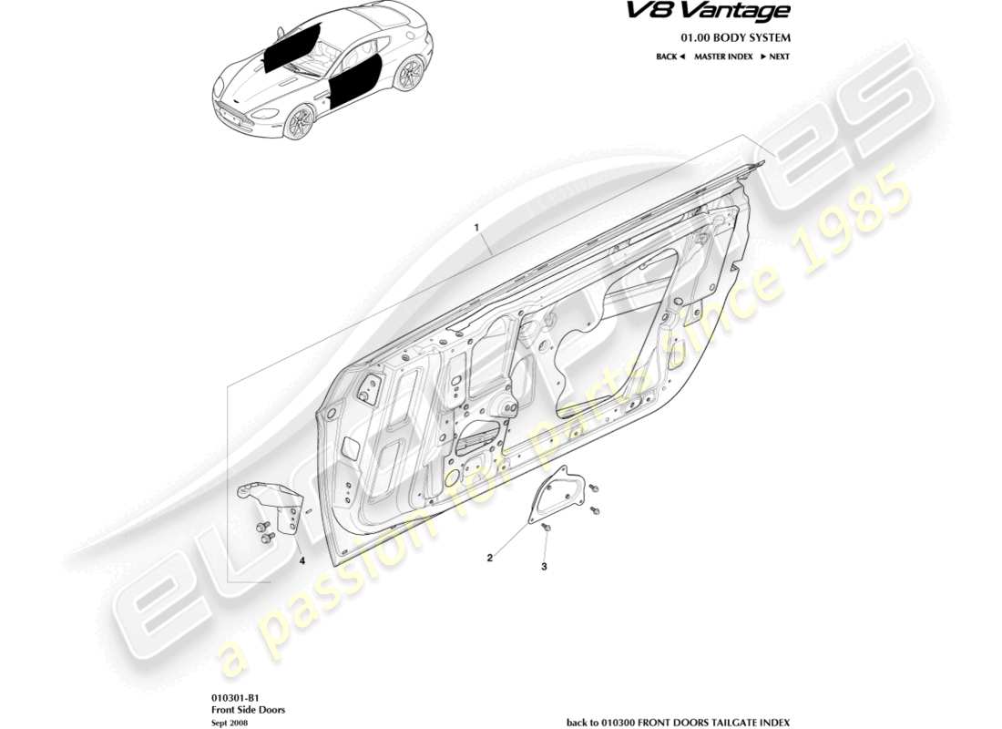 aston martin v8 vantage (2006) diagrama de piezas de las puertas laterales delanteras