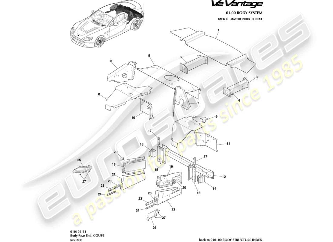 aston martin v12 vantage (2011) parte trasera de la carrocería, diagrama de piezas del cupé