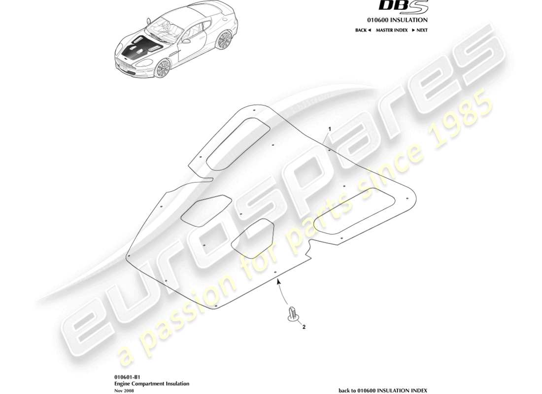 aston martin dbs (2014) aislamiento acústico, compensación del motor. diagrama de piezas