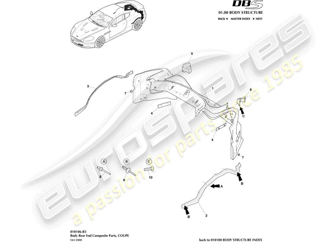 aston martin dbs (2012) parte trasera de carrocería de material compuesto, coupé diagrama de piezas