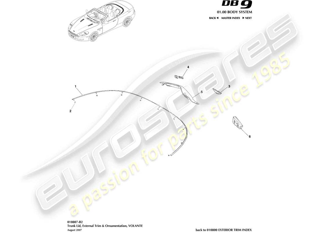 aston martin db9 (2008) embellecedor de la tapa del maletero, diagrama de piezas de volante
