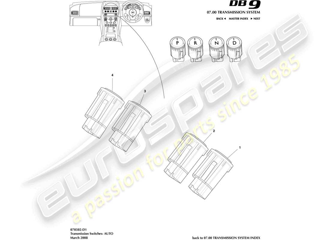 aston martin db9 (2005) diagrama de piezas de los interruptores del transeje