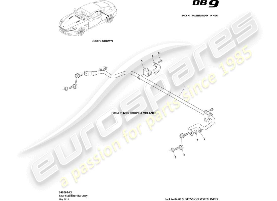 aston martin db9 (2005) diagrama de piezas de la barra estabilizadora trasera