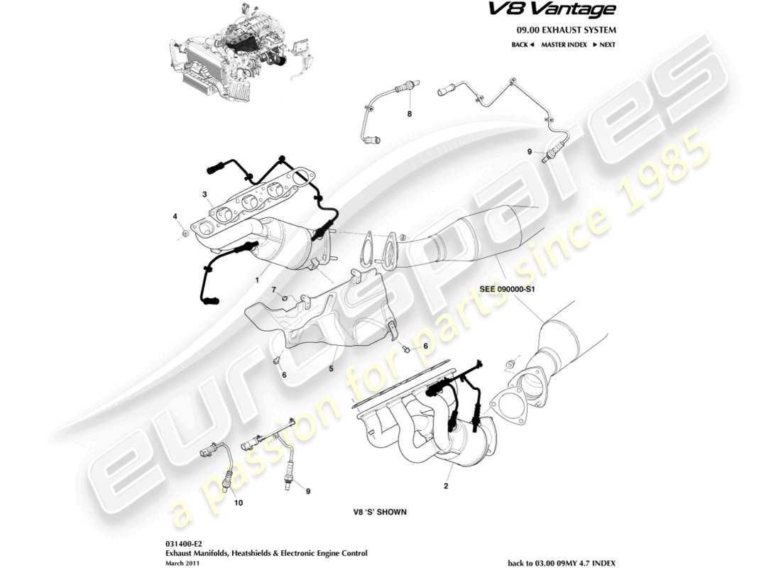 aston martin v8 vantage (2012) colectores de escape diagrama de piezas