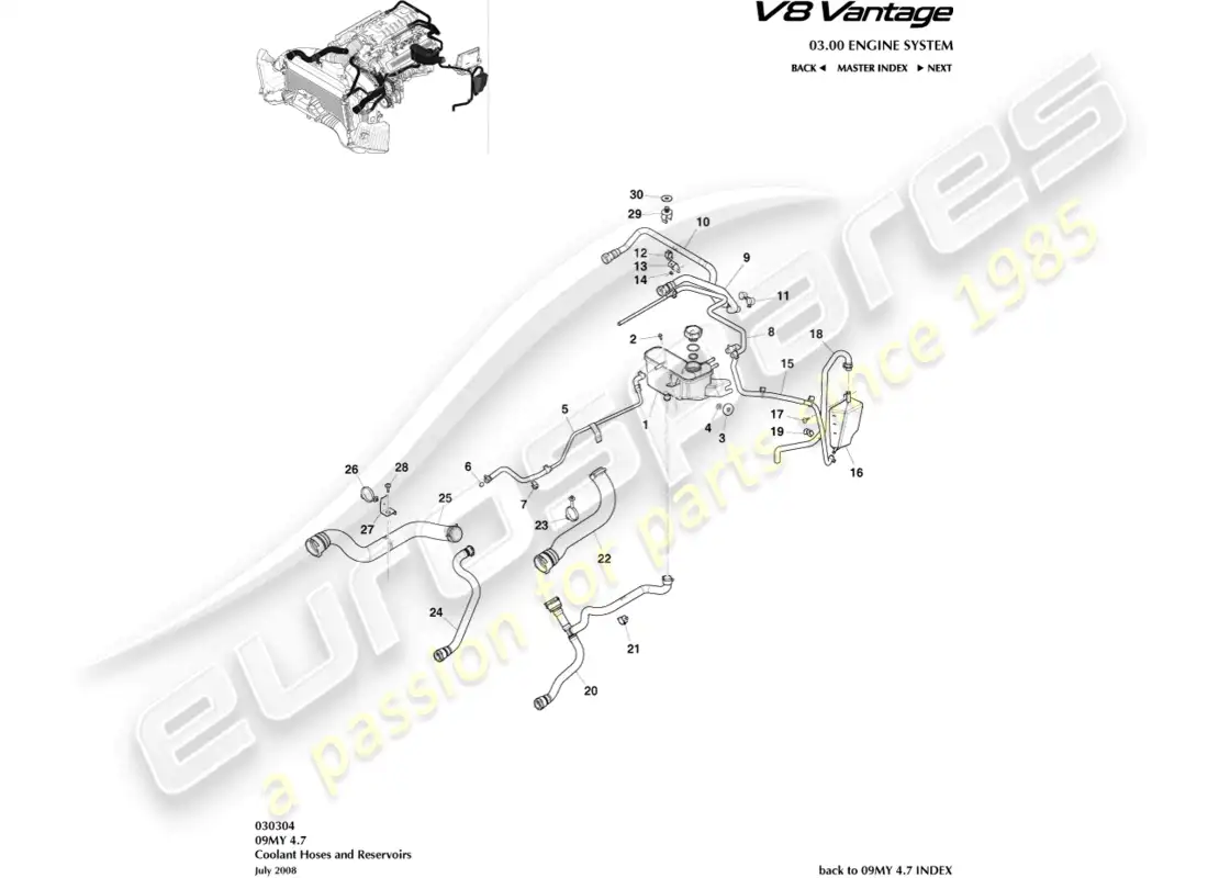 aston martin v8 vantage (2008) diagrama de piezas del depósito y mangueras de refrigerante