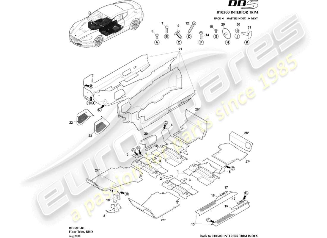 aston martin dbs (2013) moldura de piso, lado derecho diagrama de piezas