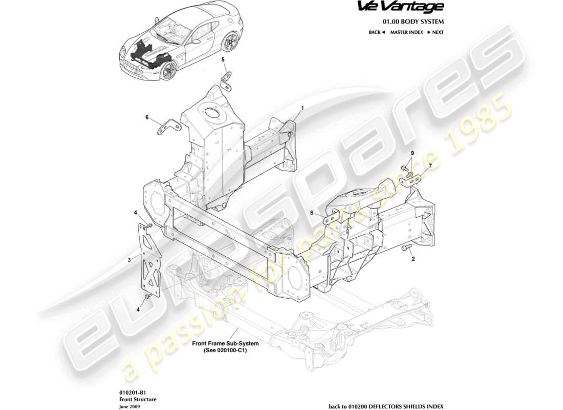 aston martin v12 vantage (2011) diagrama de piezas de la estructura frontal