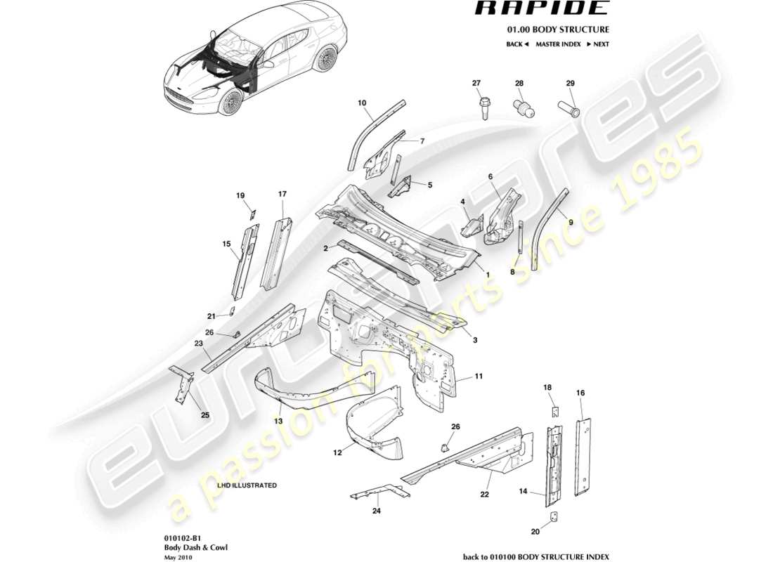 aston martin rapide (2011) carrocería y capó diagrama de piezas