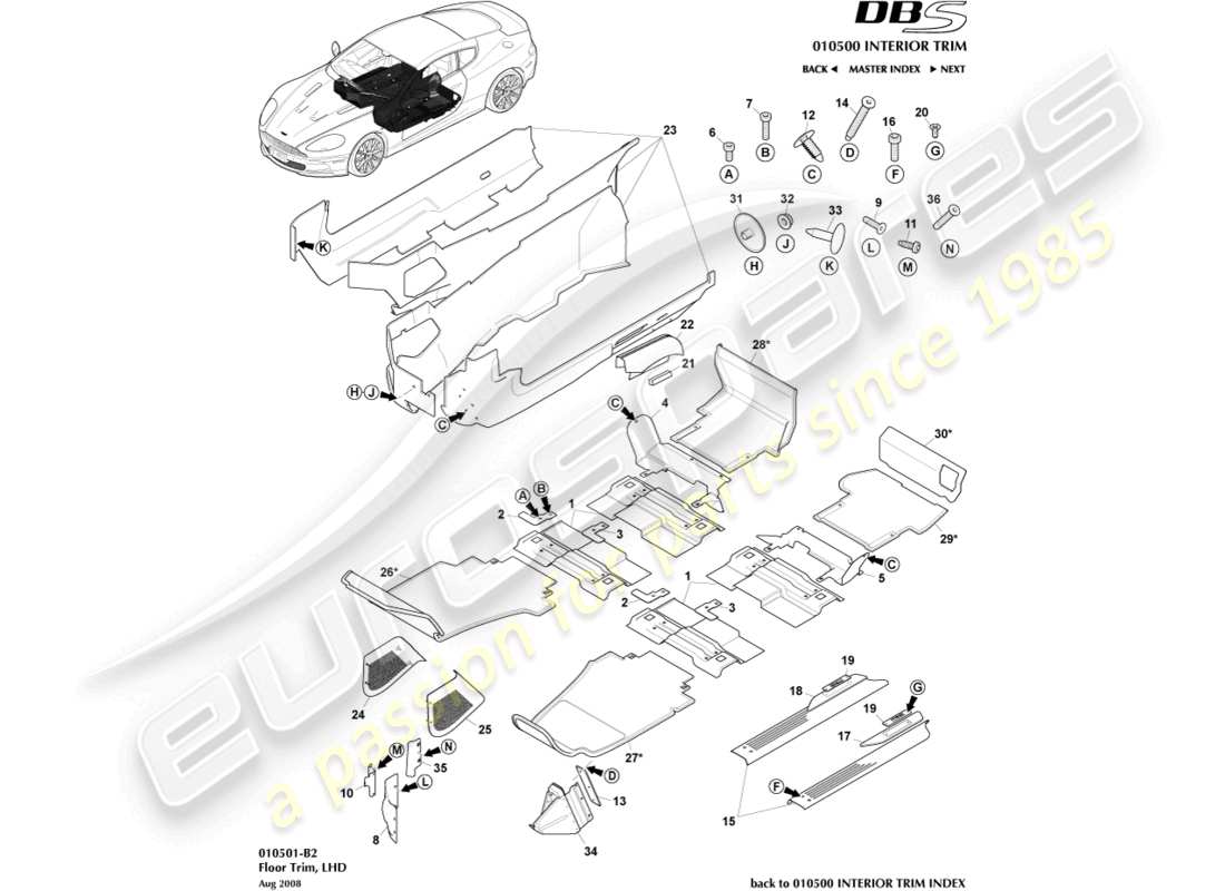 aston martin dbs (2012) moldura del piso, volante a la izquierda diagrama de piezas