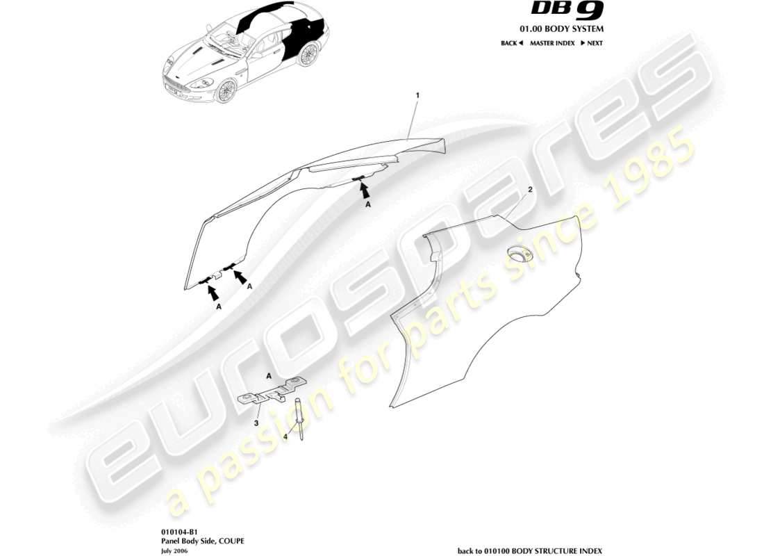 aston martin db9 (2007) panel lateral de la carrocería, diagrama de piezas del cupé