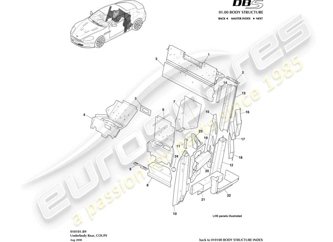 aston martin dbs (2013) diagrama de piezas del cupé, parte trasera de la parte inferior de la carrocería