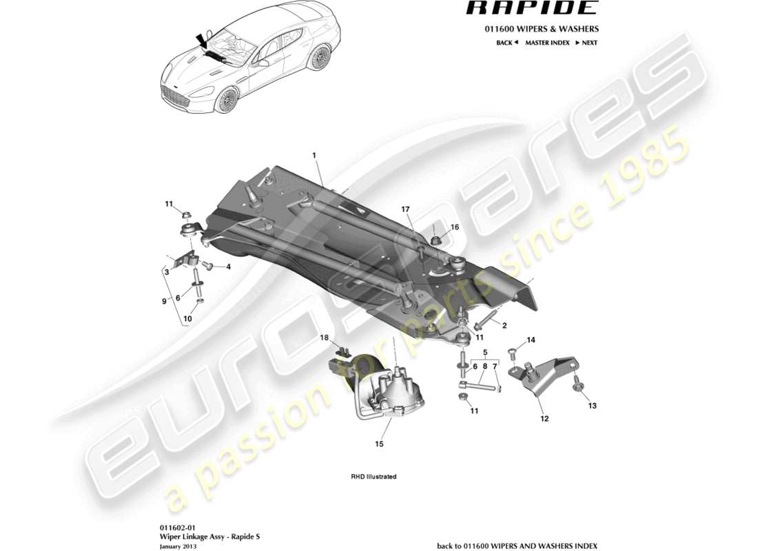 aston martin rapide (2010) varillaje del limpiaparabrisas, s diagrama de piezas