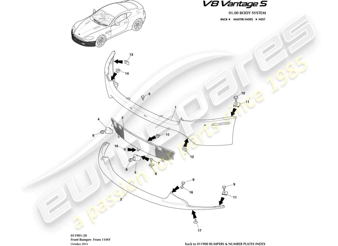 aston martin v8 vantage (2018) parachoques delantero, 12.25my en y v8s diagrama de piezas