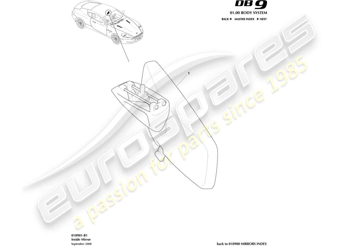aston martin db9 (2008) espejo interior, diagrama de piezas del cupé
