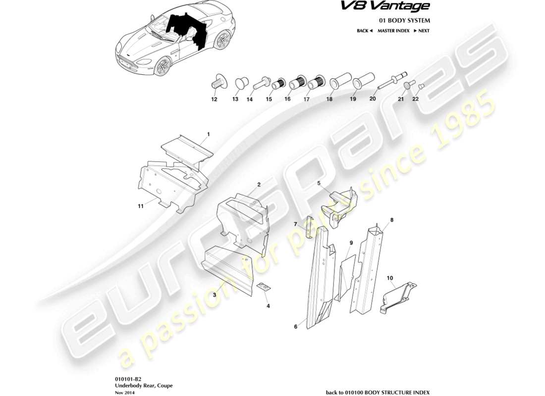 aston martin v8 vantage (2018) diagrama de piezas del cupé, parte trasera de la parte inferior de la carrocería