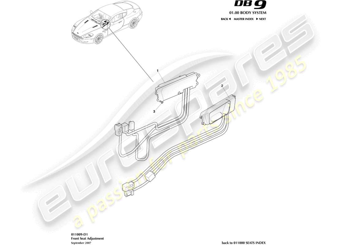 aston martin db9 (2008) diagrama de piezas de ajuste del asiento delantero