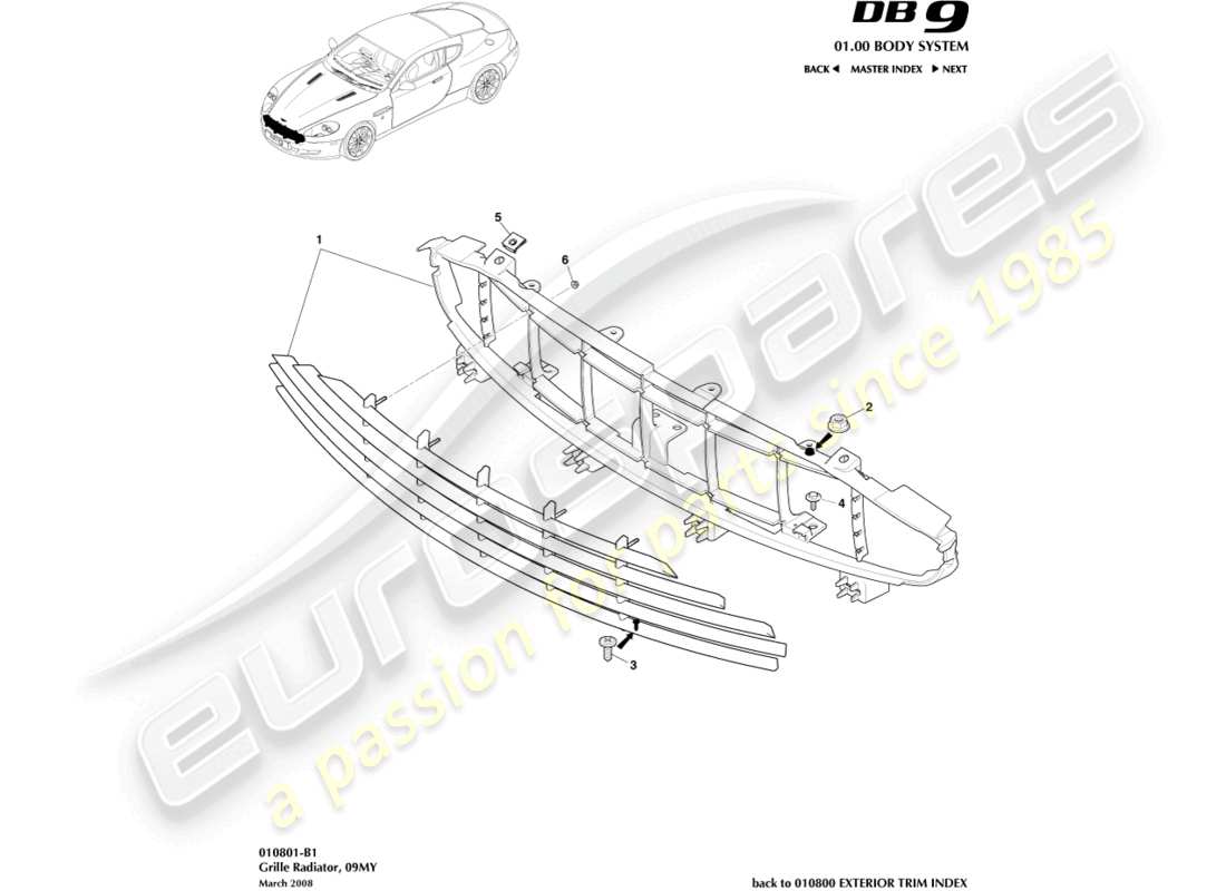 aston martin db9 (2007) rejilla del radiador, 09my diagrama de piezas
