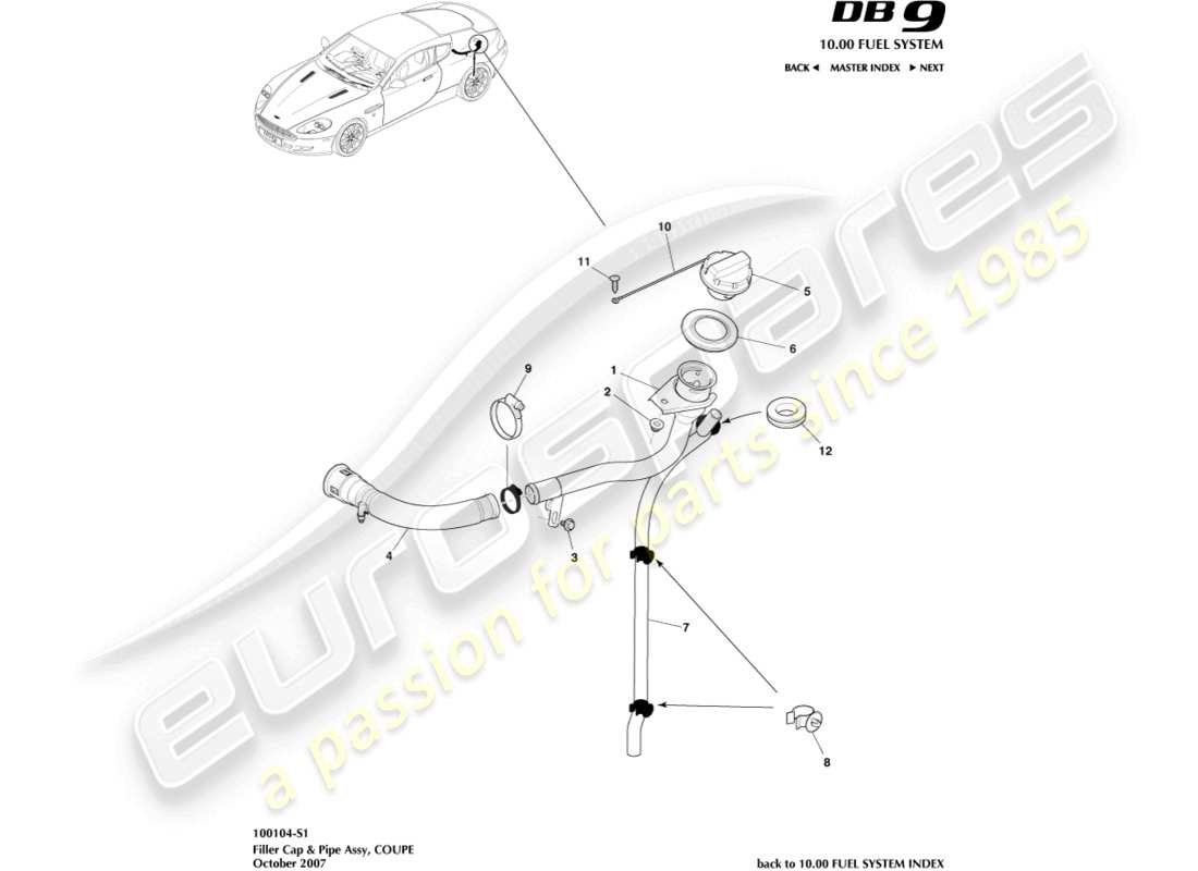 aston martin db9 (2008) tapón y tubo de llenado de combustible, diagrama de piezas del cupé