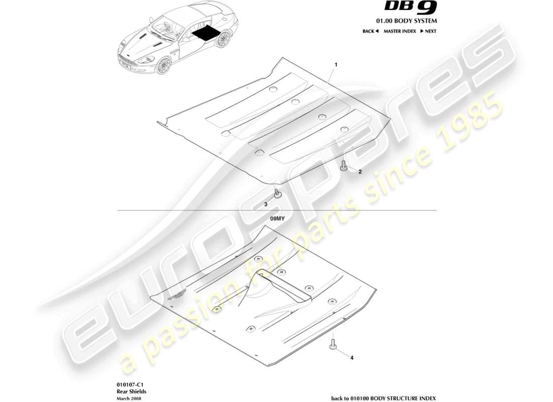 aston martin db9 (2008) diagrama de piezas de los protectores traseros debajo del cuerpo