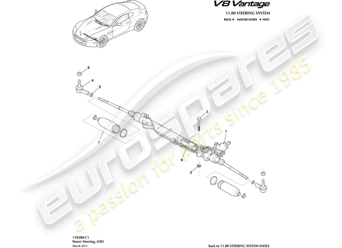 aston martin v8 vantage (2006) diagrama de piezas de dirección asistida, lhd
