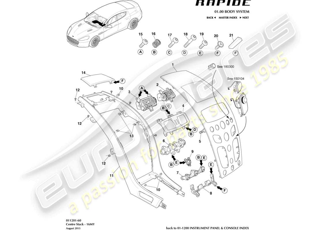 aston martin rapide (2011) panel embellecedor de la consola central, s 16my diagrama de piezas