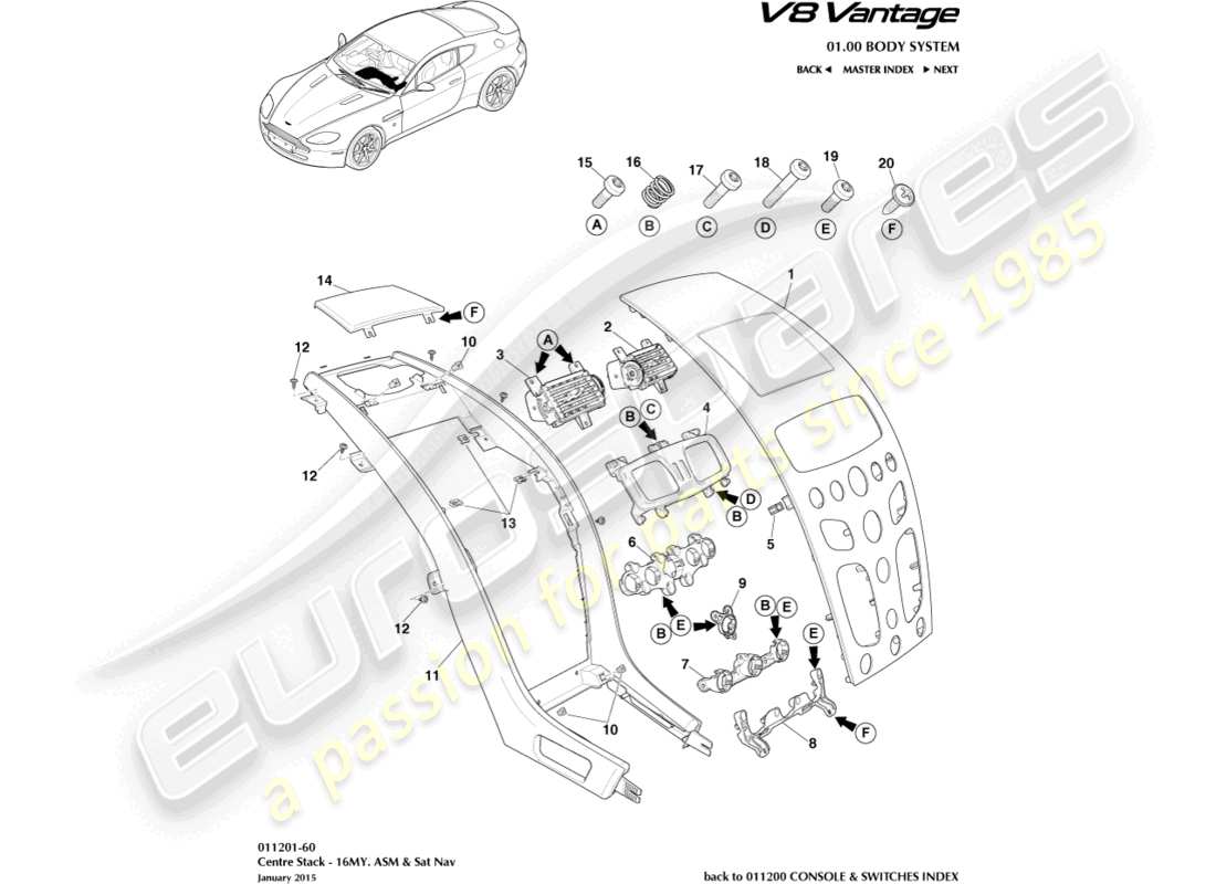 aston martin v8 vantage (2006) columna central, asm, diagrama de piezas 16my