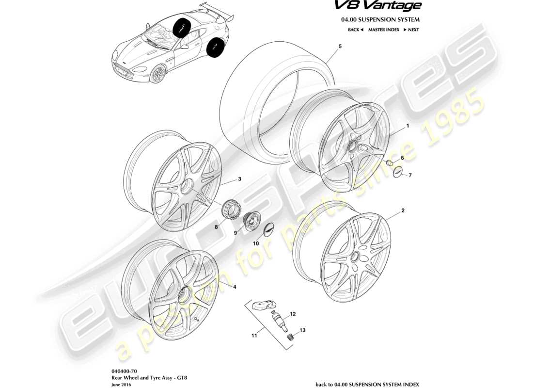 aston martin v8 vantage (2012) ruedas y neumáticos traseros, gt8 diagrama de piezas
