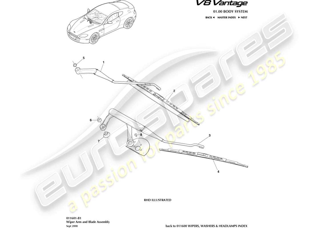 aston martin v8 vantage (2006) diagrama de piezas del conjunto de la escobilla del limpiaparabrisas
