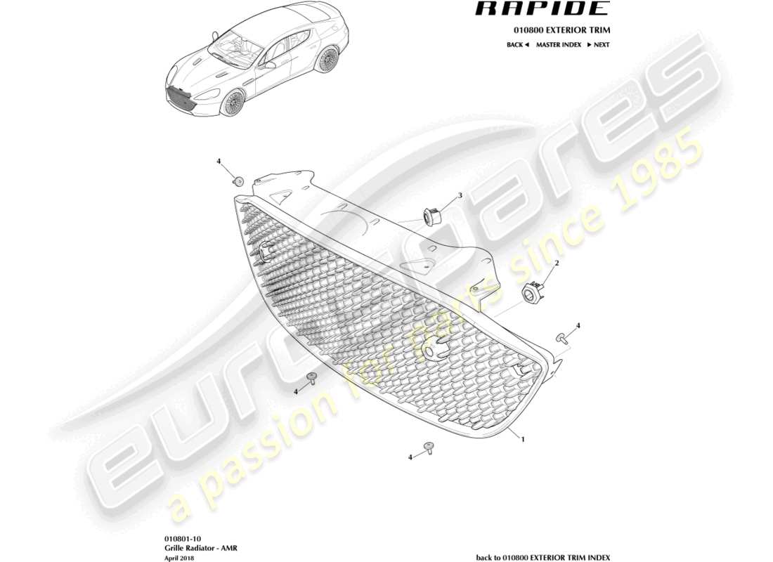 aston martin rapide (2017) rejilla de radiador, amr diagrama de piezas