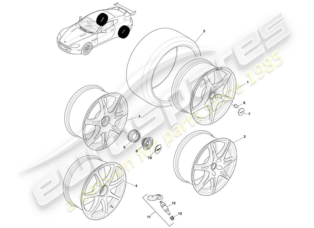 aston martin v8 vantage (2007) ruedas y neumáticos traseros, gt8 diagrama de piezas