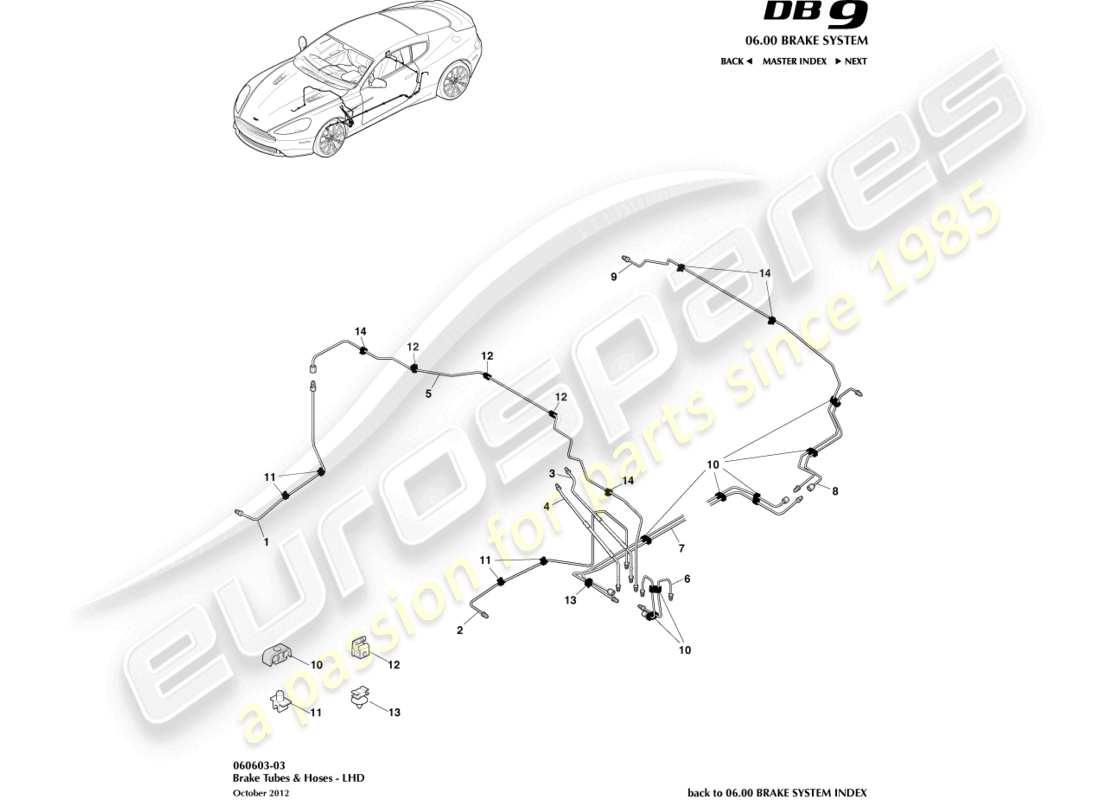 aston martin db9 (2016) líneas y mangueras de freno, diagrama de piezas lhd