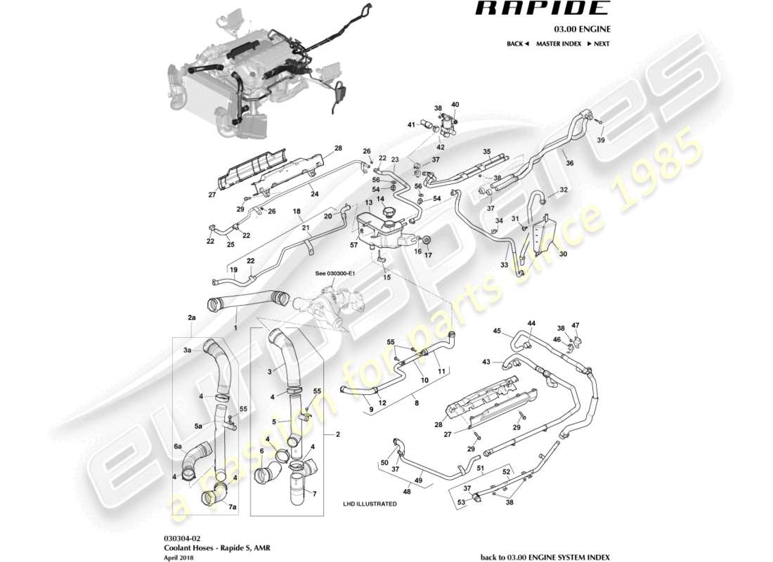 aston martin rapide (2010) diagrama de piezas del depósito de refrigerante y mangueras